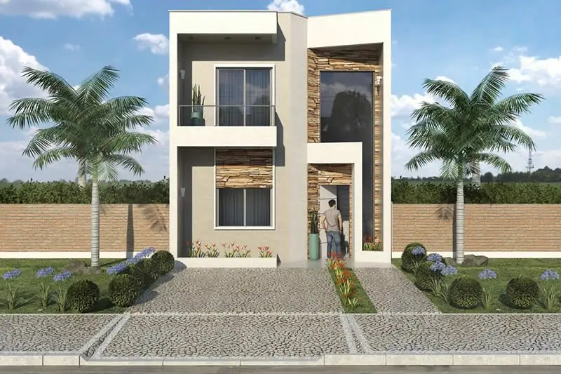 Casa moderna con un hombre en la entrada